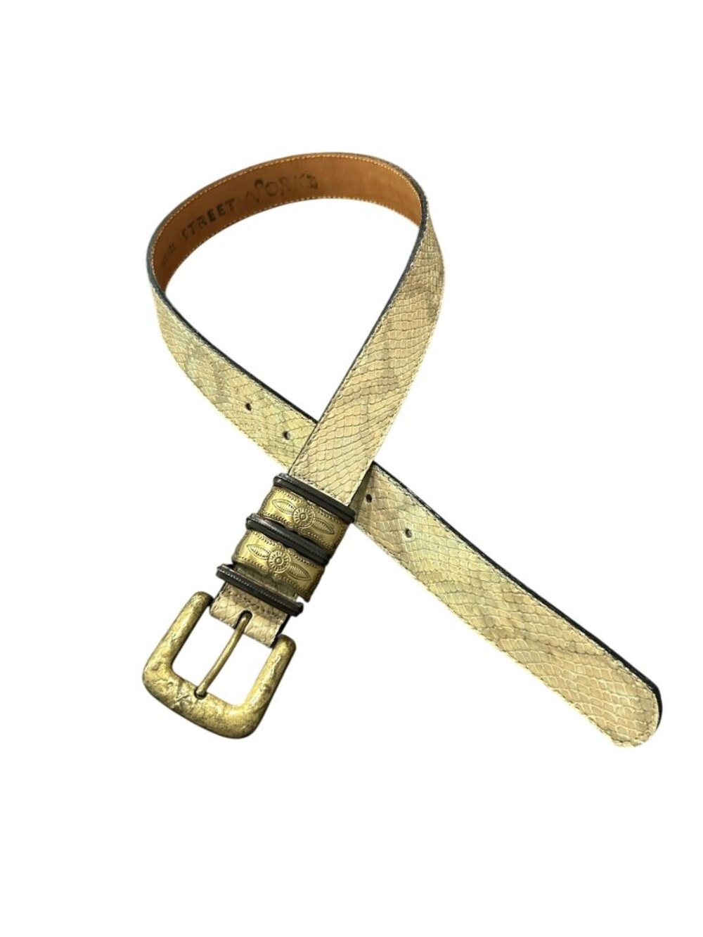 Street Works 33-inches Beige Snakeskin Leather Belt Brass Buckle Vintage Retro